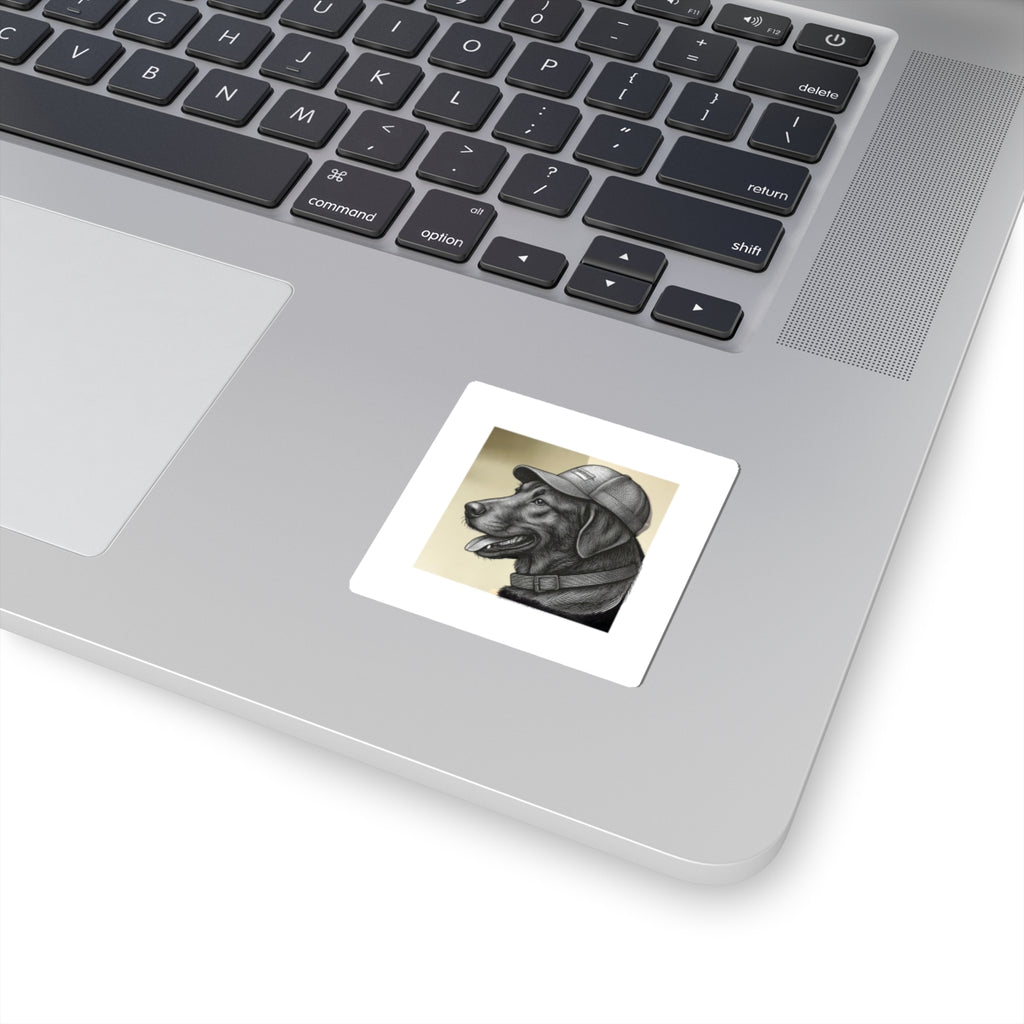 Labrador in Cap Kiss-Cut Sticker — Retro Black & White Dog Portrait Decal
