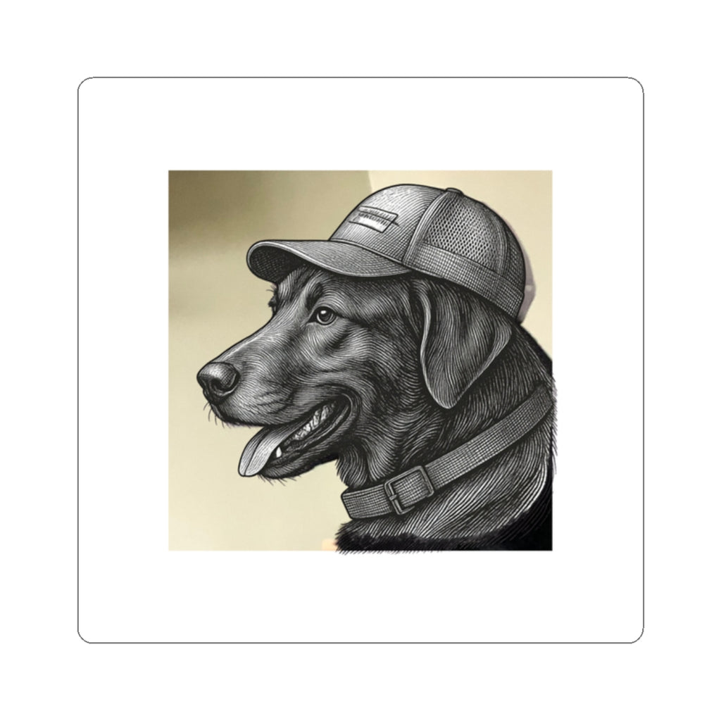 Labrador in Cap Kiss-Cut Sticker — Retro Black & White Dog Portrait Decal