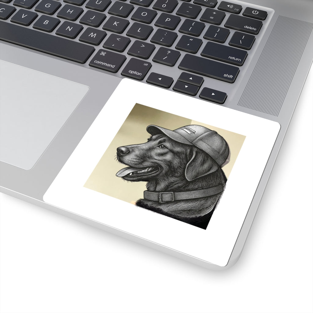 Black Lab with Baseball Cap Kiss-Cut Sticker — Vintage Pencil Portrait Dog Decal