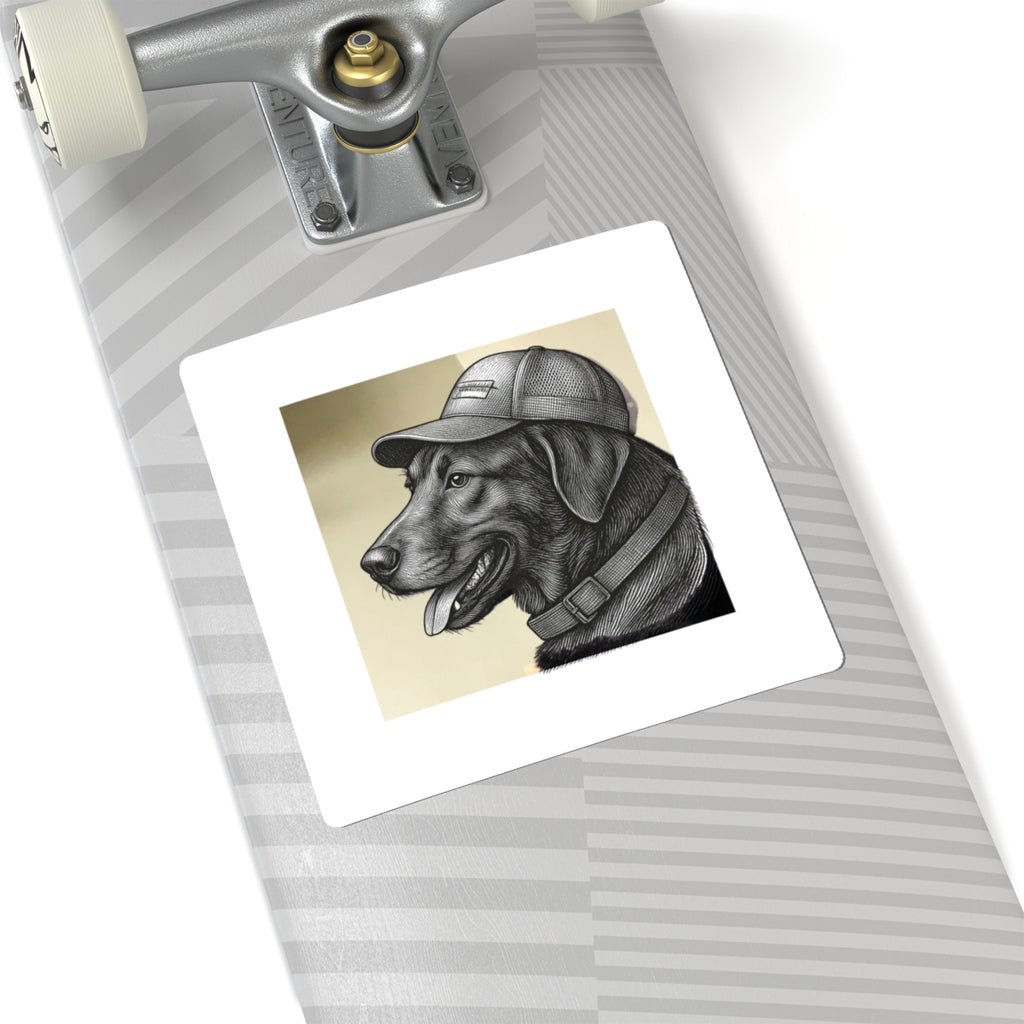 Labrador in Cap Kiss-Cut Sticker — Retro Black & White Dog Portrait Decal
