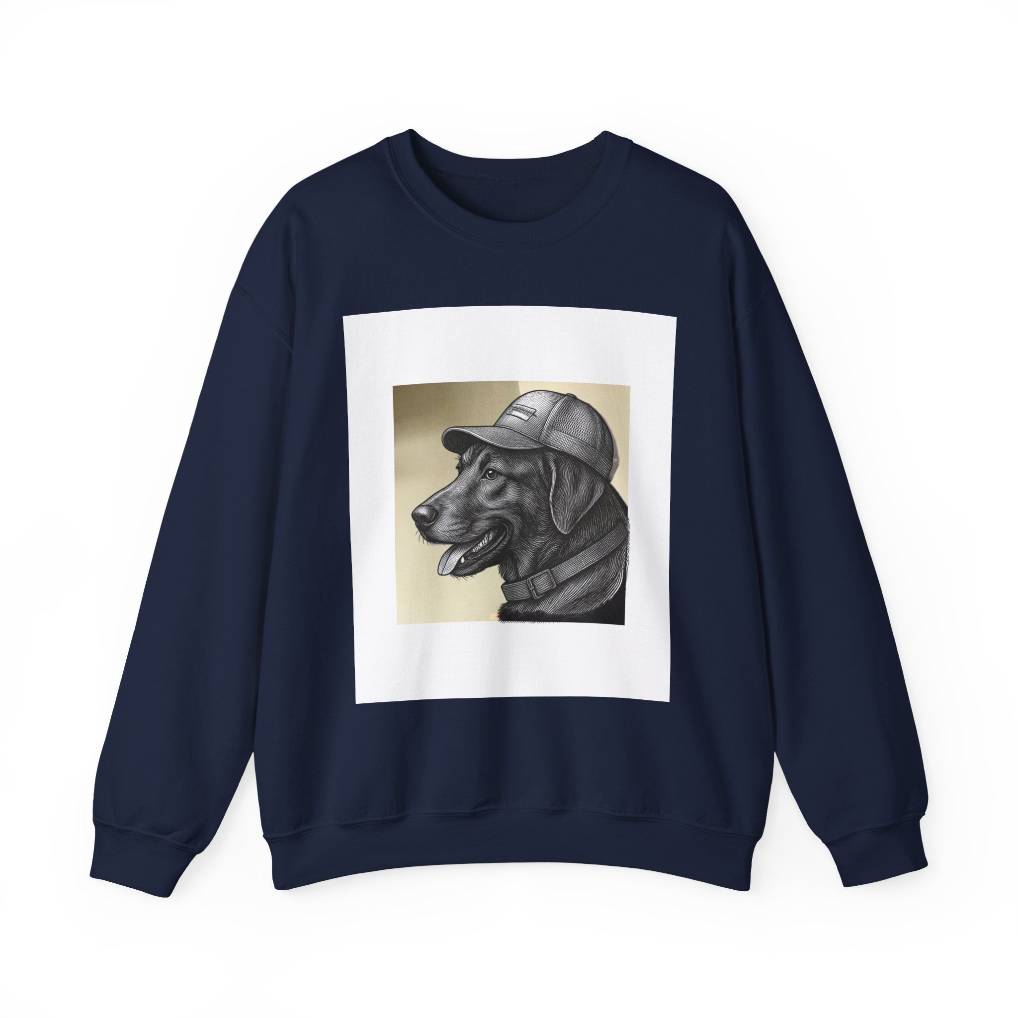 Dog in Cap Crewneck Sweatshirt – Retro Black Lab Graphic