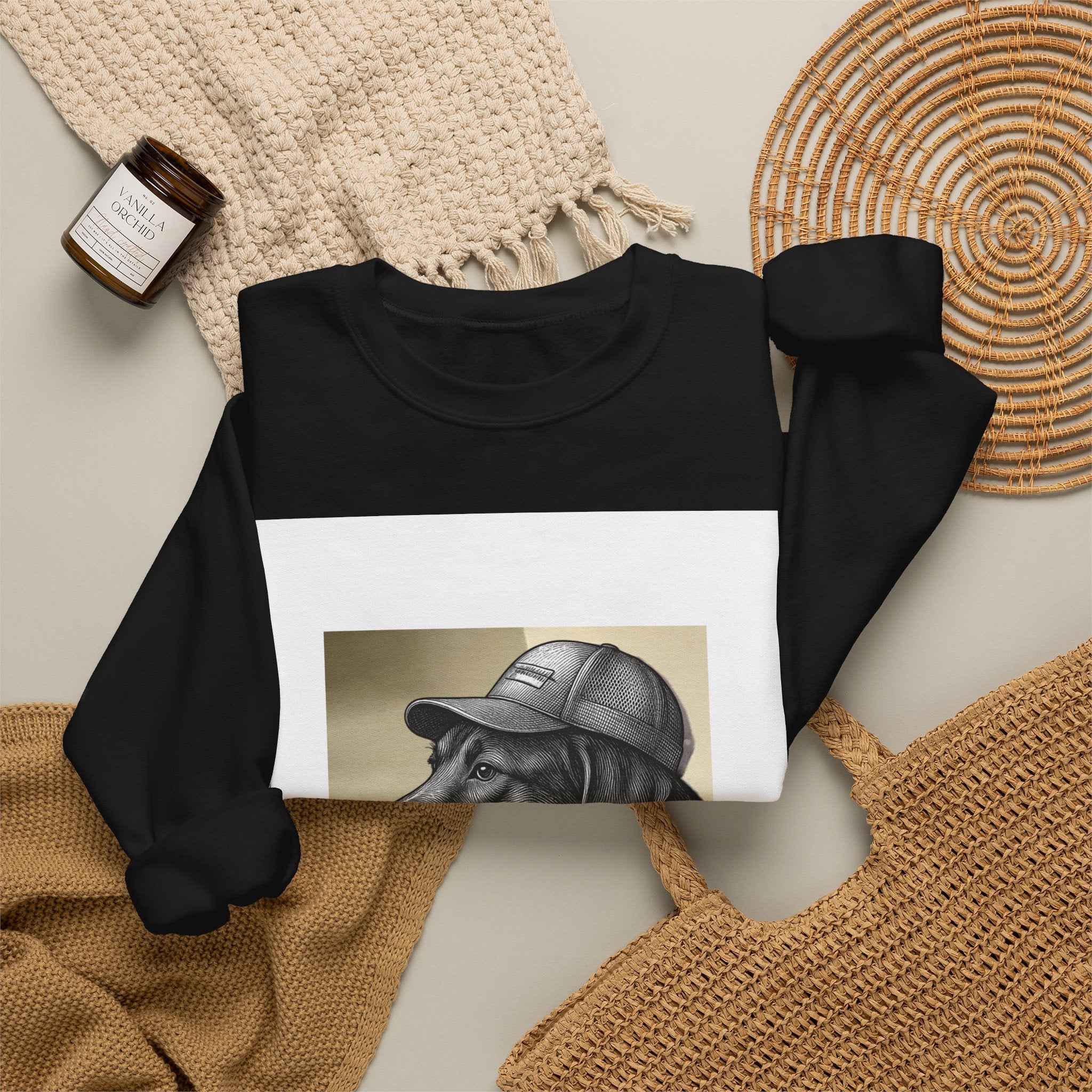 Dog Portrait Sweatshirt — Black Lab with Cap Crewneck