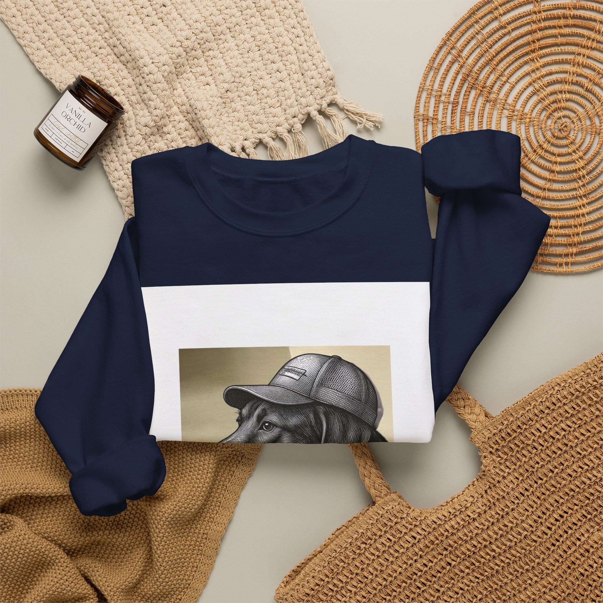 Dog in Cap Crewneck Sweatshirt – Retro Black Lab Graphic