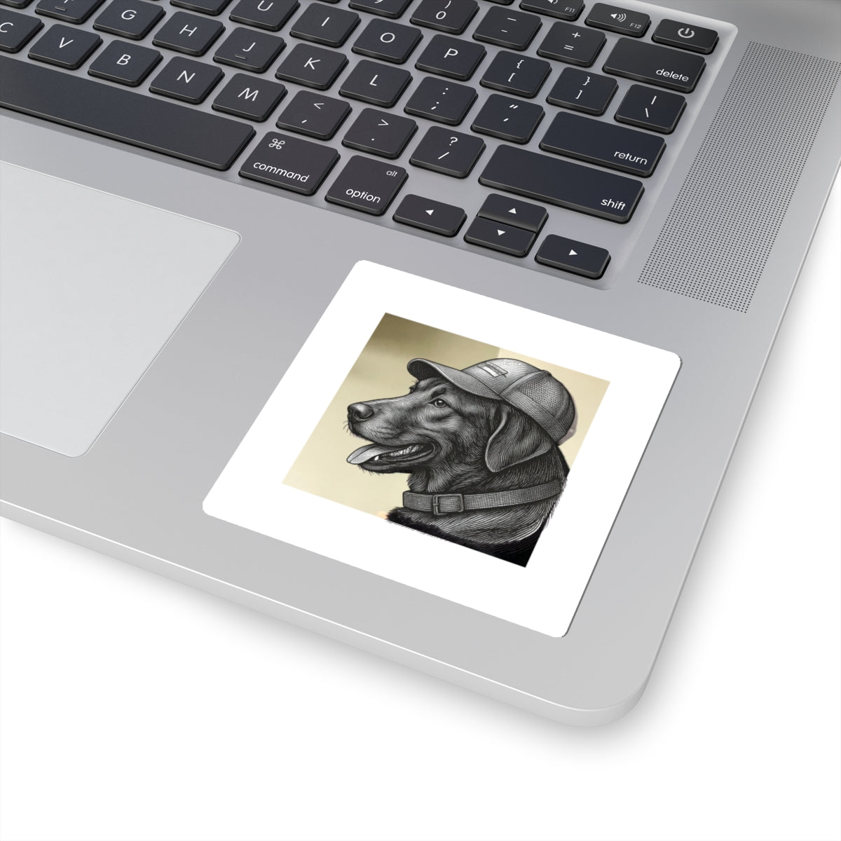 Labrador in Cap Kiss-Cut Sticker — Retro Black & White Dog Portrait Decal