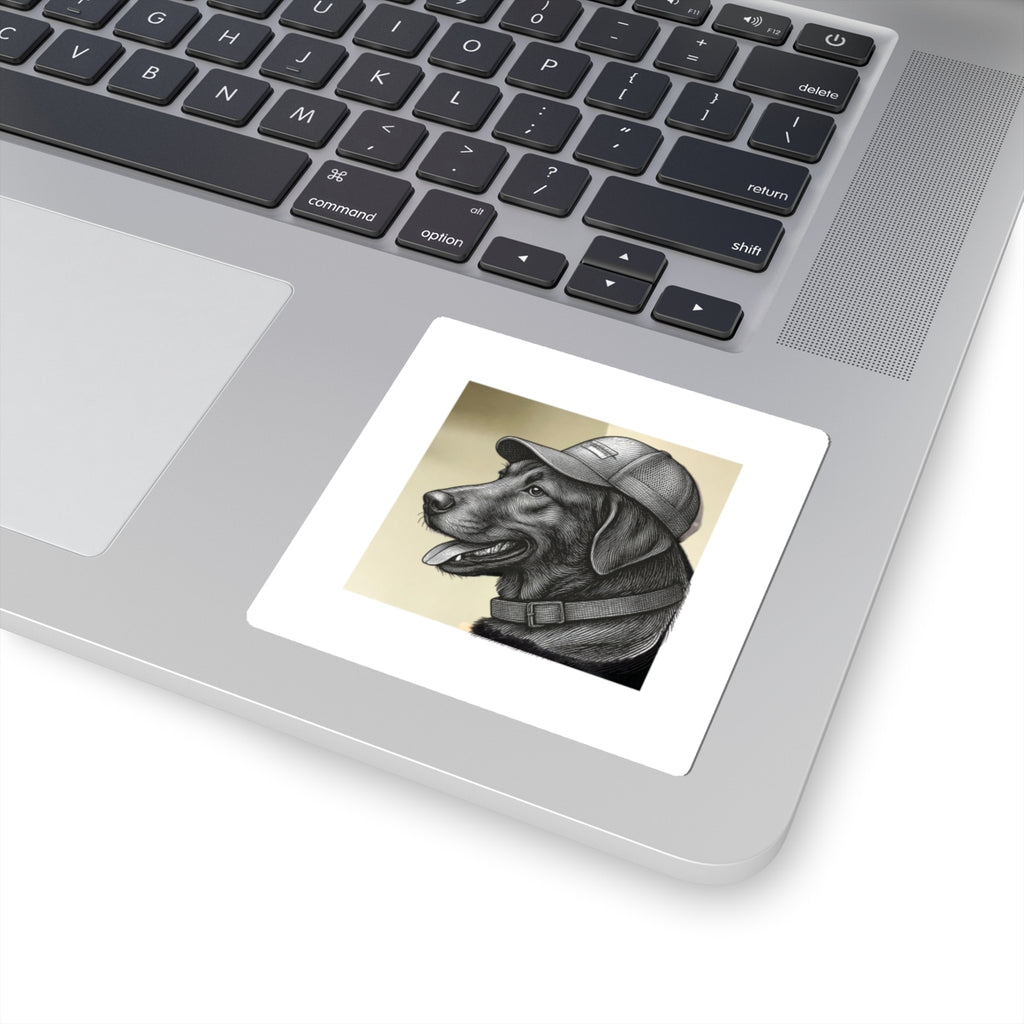 Black Lab with Baseball Cap Kiss-Cut Sticker — Vintage Pencil Portrait Dog Decal
